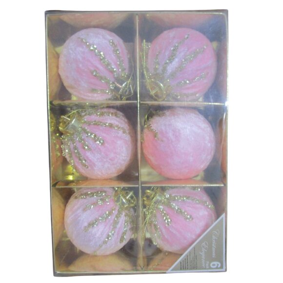 Pink Velvet Christmas Ornaments Gold Sequin Accents In Original Box EUC - Picture 1 of 10